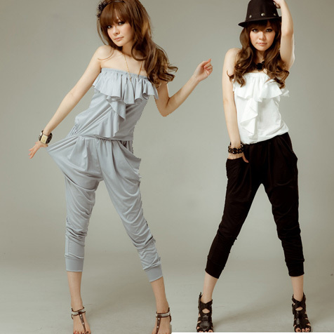 2012 spring and summer gentlewomen tube top ruffle jumpsuit mosaic slim waist jumpsuit