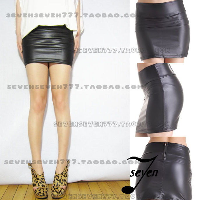 2012 spring and summer high waist tight black faux leather skirts