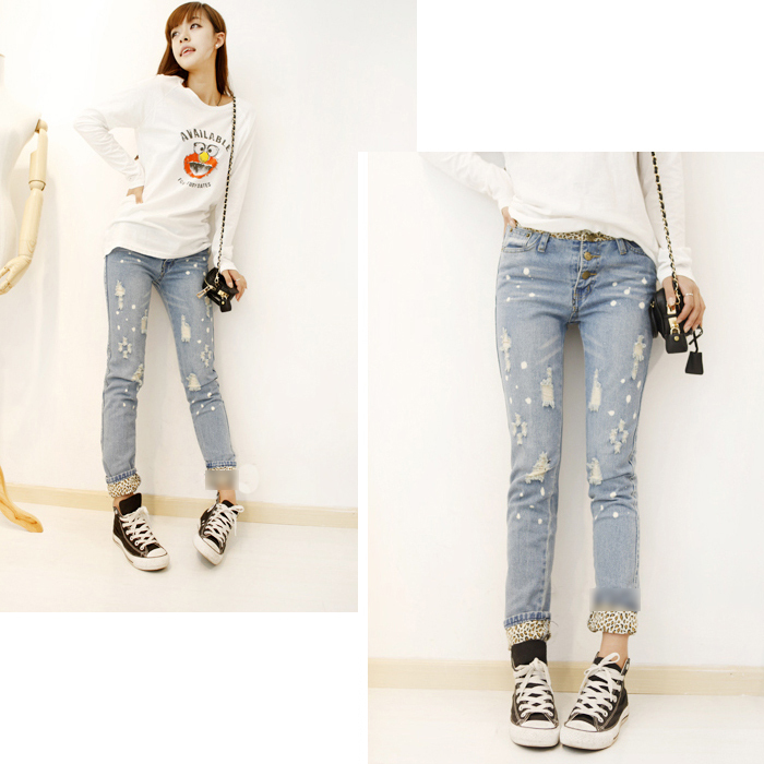 2012 spring and summer leopard print patchwork washed hole moben jeans multi-button decoration skinny pants pencil