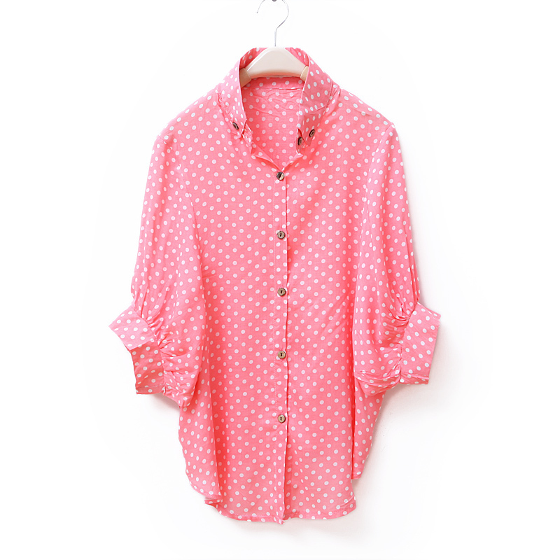 2012 spring and summer vintage polka dot loose batwing sleeve turn-down collar regular style cotton shirt wc1104