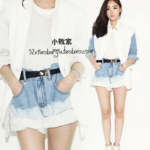 2012 spring and summer women's gradient color loose roll-up hem high waist denim shorts harem pants send strap