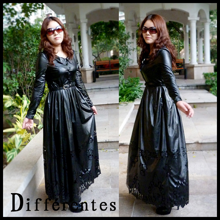 2012 spring arrival royal vintage black slim ultra long paragraph long-sleeve cutout  dress women leather dress