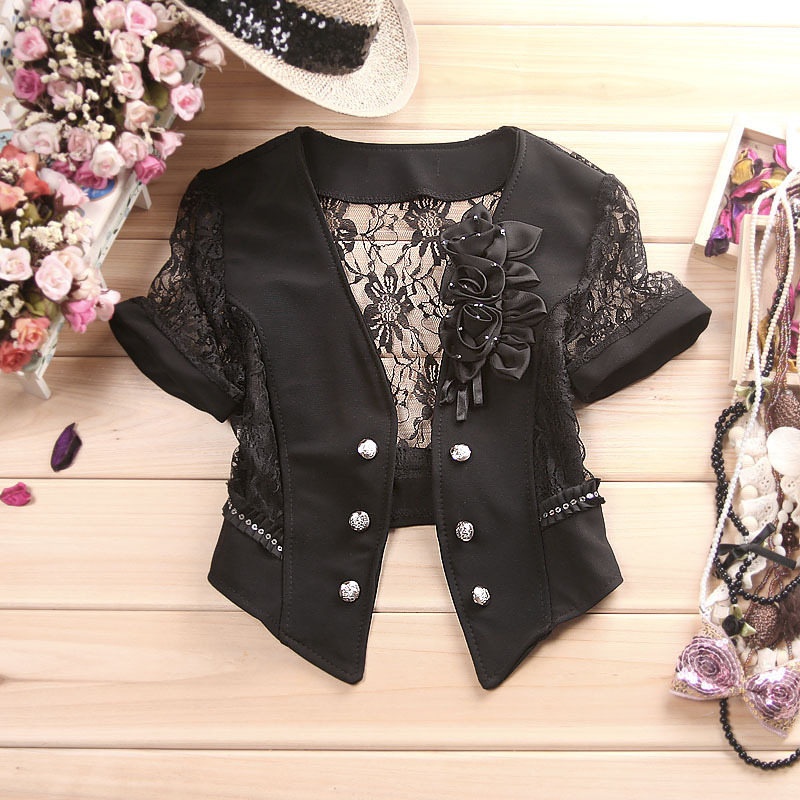 2012 spring  autumn new arrival all-match thin lace cardigan short-sleeve small cape short design suit jacket black