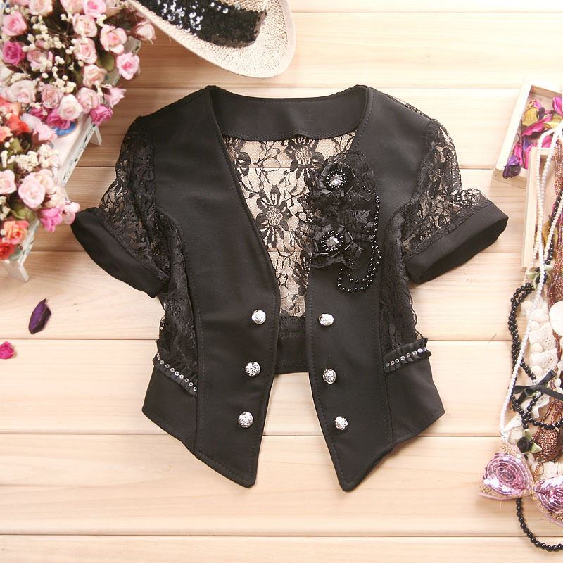 2012 spring  autumn Women ultra-thin short-sleeve back lace cutout small suit jacket