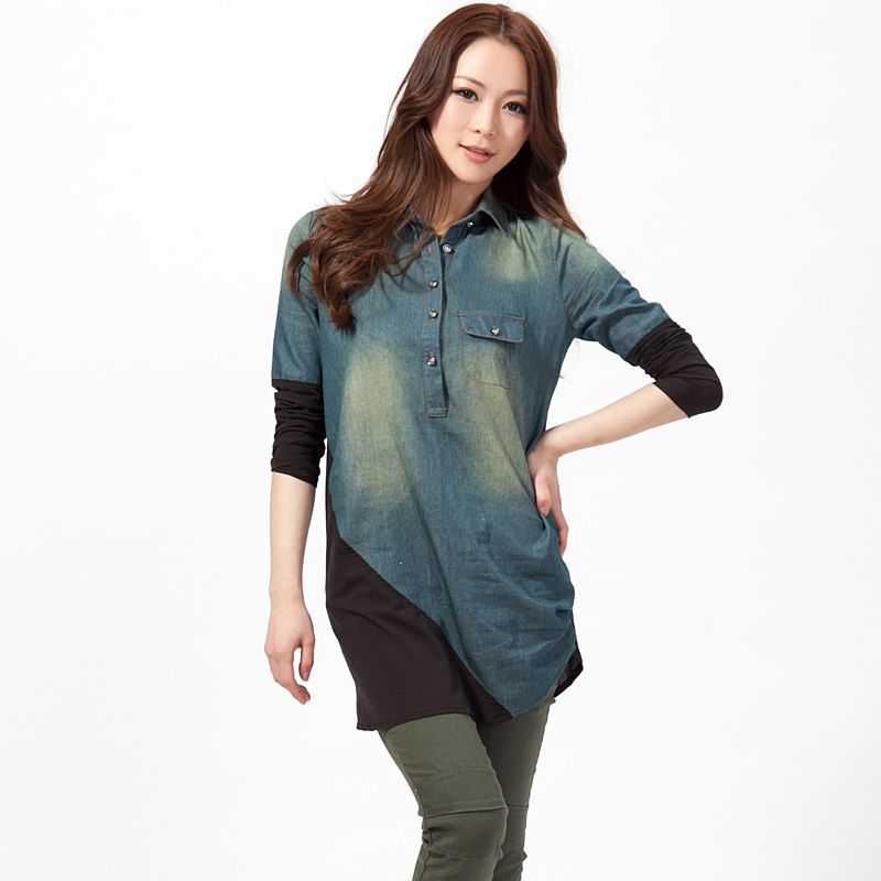 2012 spring chiffon shirt patchwork denim outerwear long design top turn-down collar shirt t-shirt work wear sy629 Free Shipping