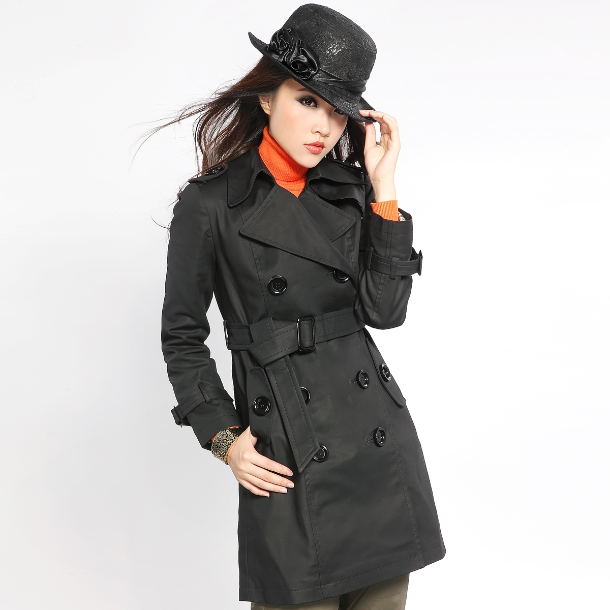 2012 spring classic double breasted long design women's 100% cotton trench OL outfit trench outerwear