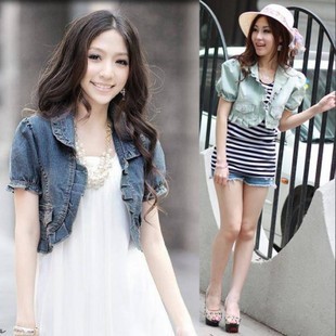 2012 spring denim outerwear ruffle cardigan small cape short denim jacket top waistcoat female