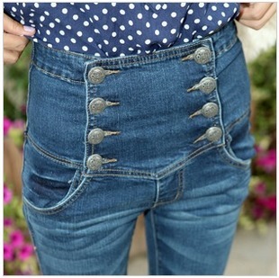 2012 spring double breasted water wash wearing white high waist tight denim pencil pants - 8021