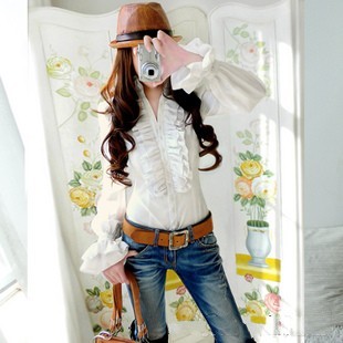 2012 spring double layer ruffle slim flare sleeve long-sleeve women's shirt 908