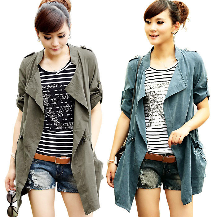 2012 spring elegant casual cardigan stand collar drawstring trench outerwear