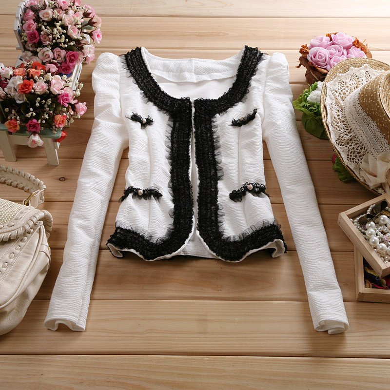 2012 spring fashion o-neck long-sleeve patchwork lace decoration cardigan short design coat small cape