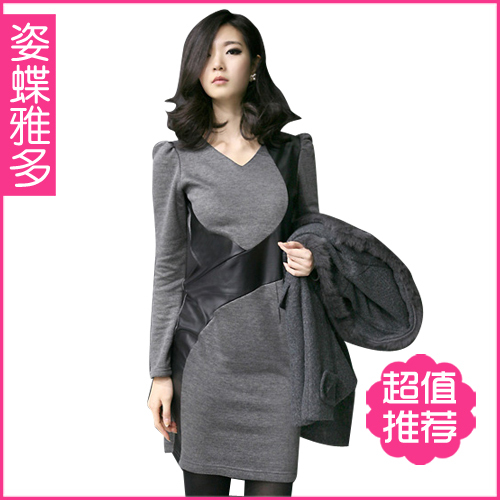 2012 spring female ol elegant fashion leather patchwork long-sleeve slim v-neck dress