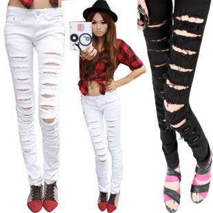 2012 spring hole thin black white full-body distrressed jeans skinny pants