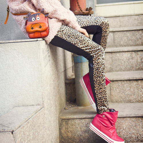 2012 spring leopard print faux leather patchwork after female leather legging trousers ankle length trousers plus size available