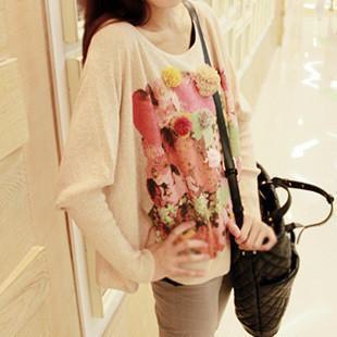 2012 spring loose three-dimensional sphere flower batwing sleeve sweater basic sweater