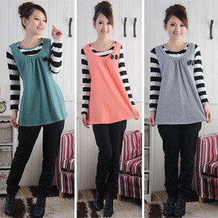 2012 spring maternity clothing top maternity faux two piece long-sleeve T-shirt stripe basic shirt bow