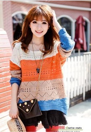 2012 spring new arrival 405 striped color block decoration sweater basic shirt