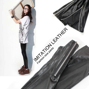 2012 spring new arrival black faux leather zipper casual women legging pants female