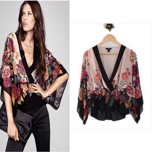 2012 Spring New arrival loose flowers print V-neck chiffon blouse Free shipping