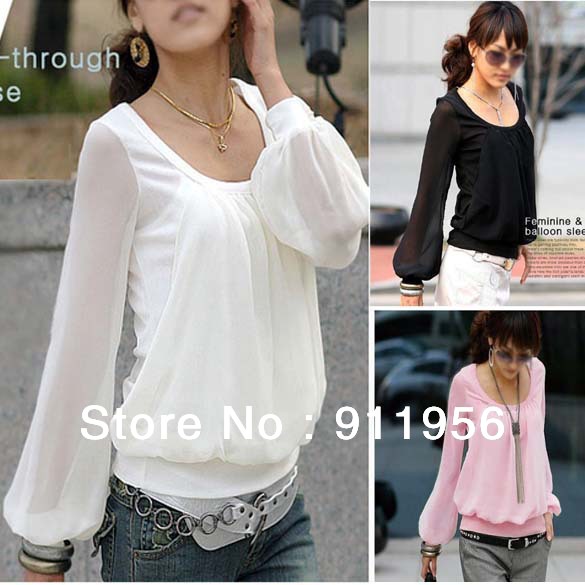 2012 Spring New Korean Women Chiffon Long-sleeved Puff Sleeve Round Neck Fake Two-piece T-Shirt free shipping #35