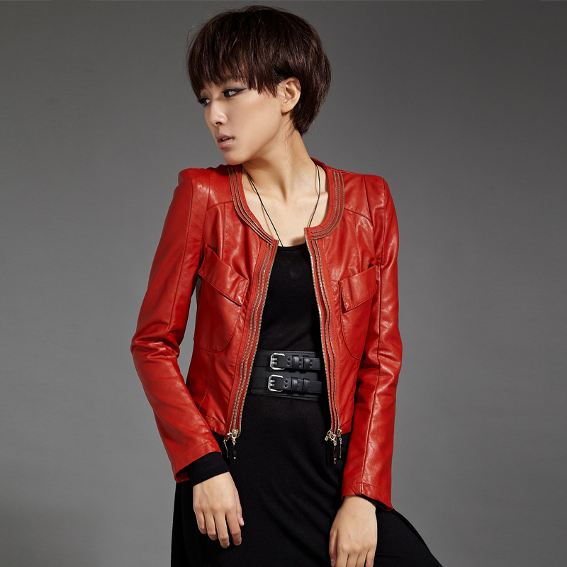 2012 spring red o-neck slim women's leather clothing outerwear 11g3591 free shipping dropshipping