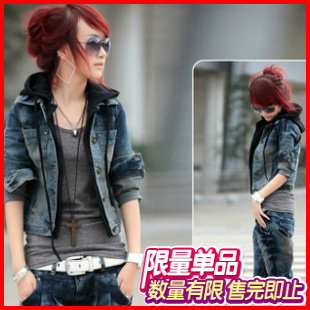 2012 spring short jacket women's denim outerwear faux two piece with hat a hood denim short jacket denim coat