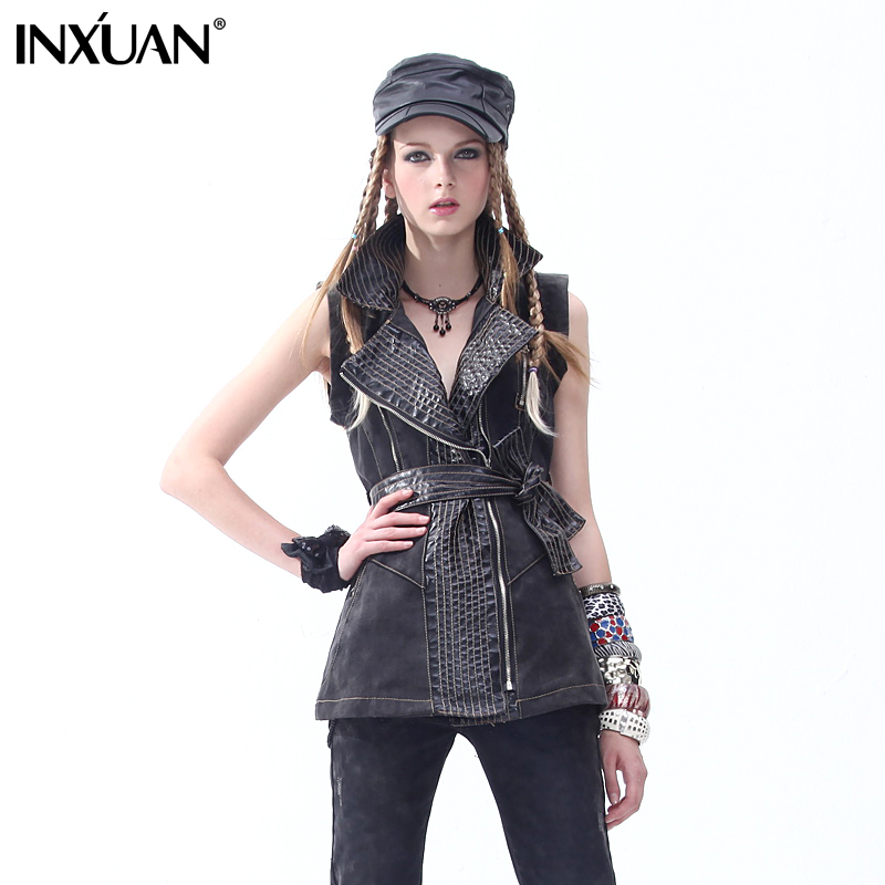 2012 spring slim leather mosaic women's vest female long design vest