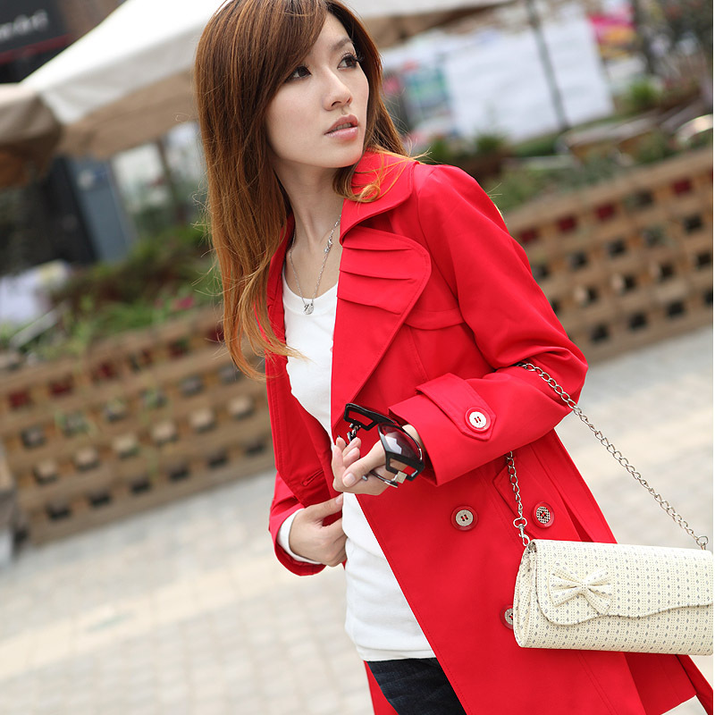 2012 spring slim turn-down collar slim waist long-sleeve double breasted medium-long trench f048