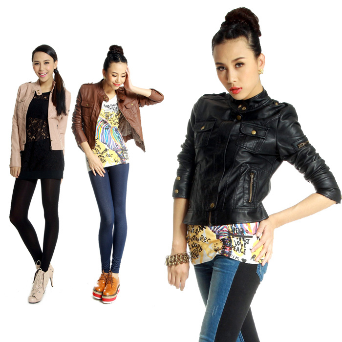 2012 spring smart stand collar high quality slim short design women's motorcycle leather clothing outerwear jacket