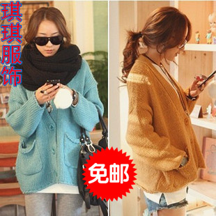 2012 spring solid color coarse knitting loose plus size V-neck sweater cardigan women's short jacket