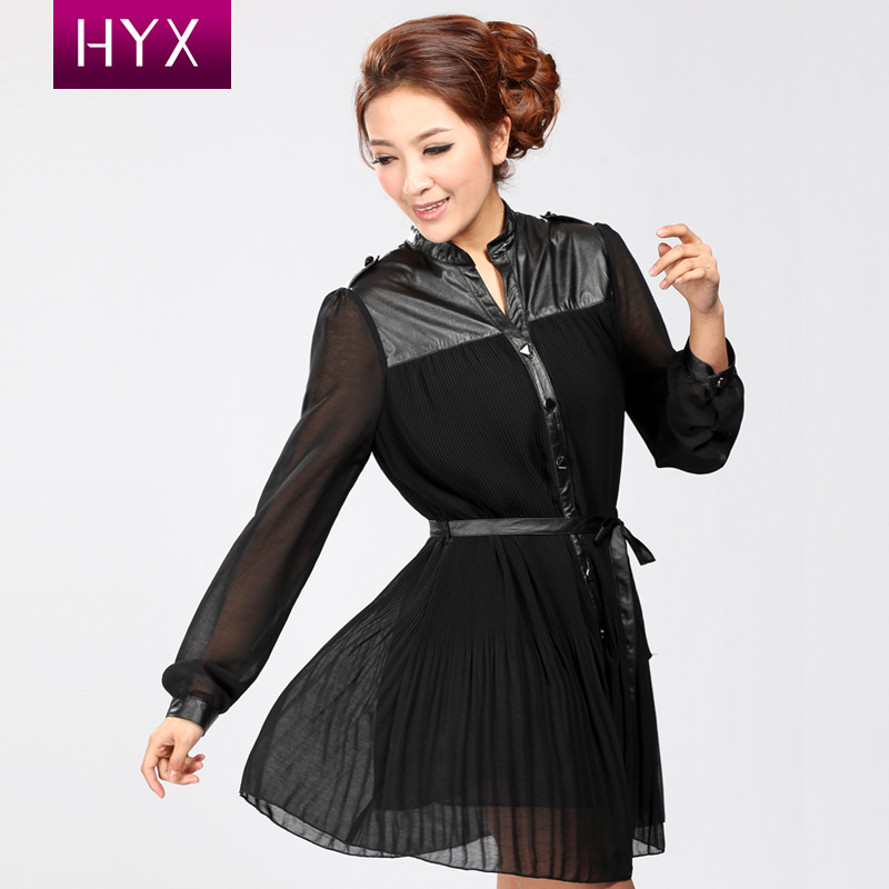 2012 spring stand collar leather long-sleeve pleated skirt 1829