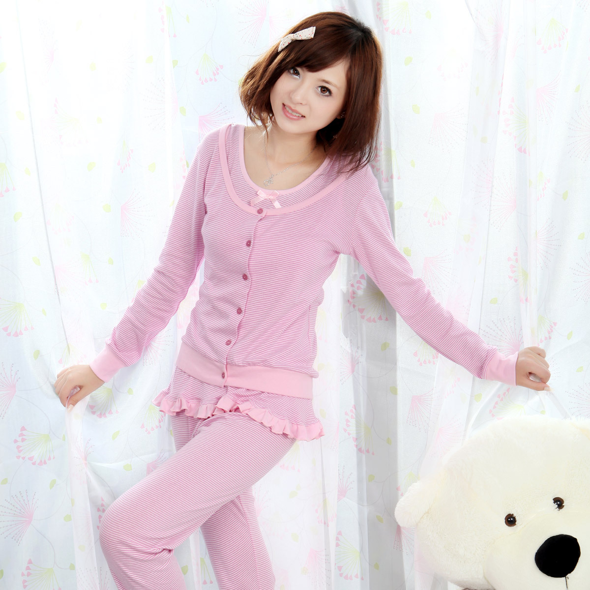 2012 spring stripe long-sleeve 100% cotton sleep set female piece set lounge (PJ001)