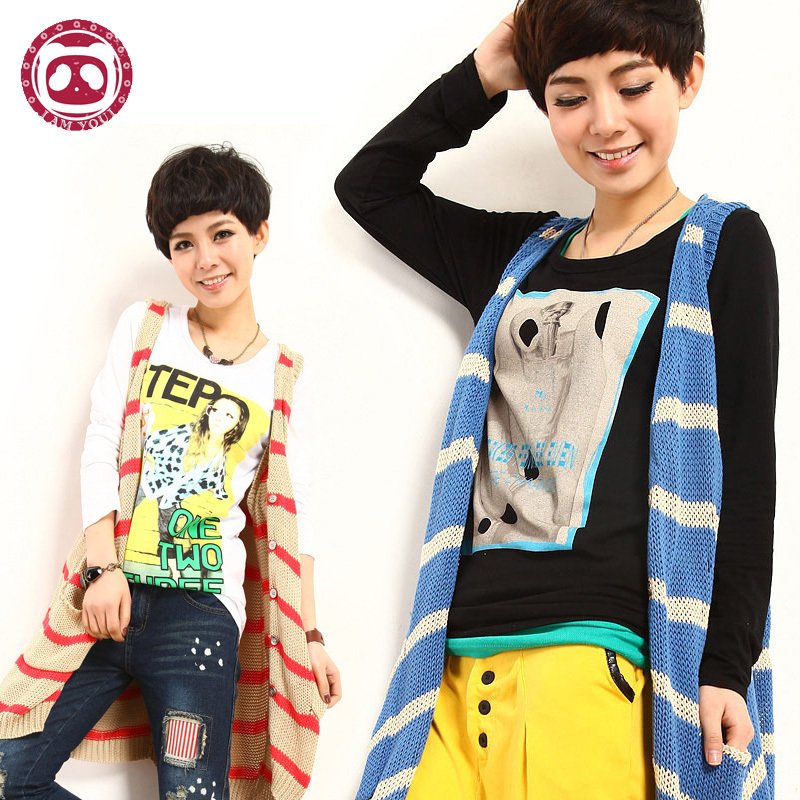 2012 spring stripe V-neck double pocket cutout sleeveless cardigan female 5-color 221802