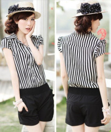 2012 Spring Summer Fashion Naval Style Lady Stripe Skinny Lapel Short Jumpsuit