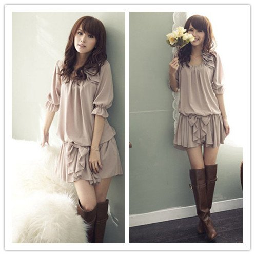 2012 spring summer new Women's Fashion Sleeves Demitoilet Chiffon Ruffle Bowknot Mini Dresses Casual New free shopping cs-1837