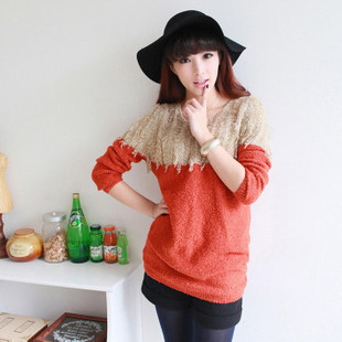 2012 spring sweet circle plush dragon fruit color block decoration low collar loose sweater female