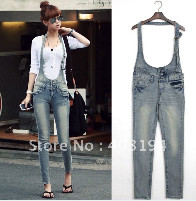 2012 spring sweet denim bib pants female trousers halter-neck bib pants skinny pants bib overalls