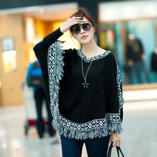 2012 spring tassel cloak female cape V-neck batwing shirt knitted loose (WC008)