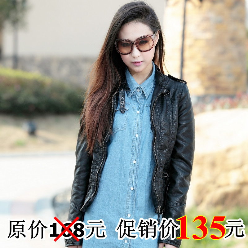 2012 spring water wash PU stand collar slim elegant motorcycle leather clothing female short design jacket outerwear