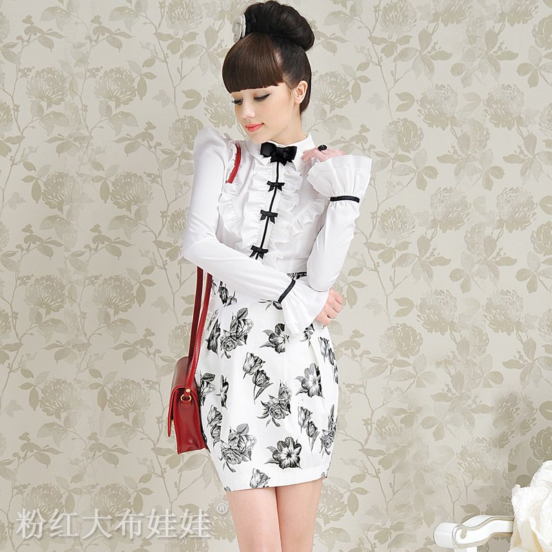 2012 spring white black bow slim long-sleeve women's shirt