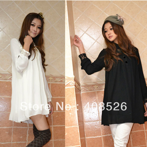 2012 Spring Women Korean Loose Lace Hollow Lantern Long Sleeve Medium Long Chiffon Shirt blouse free shipping 3699