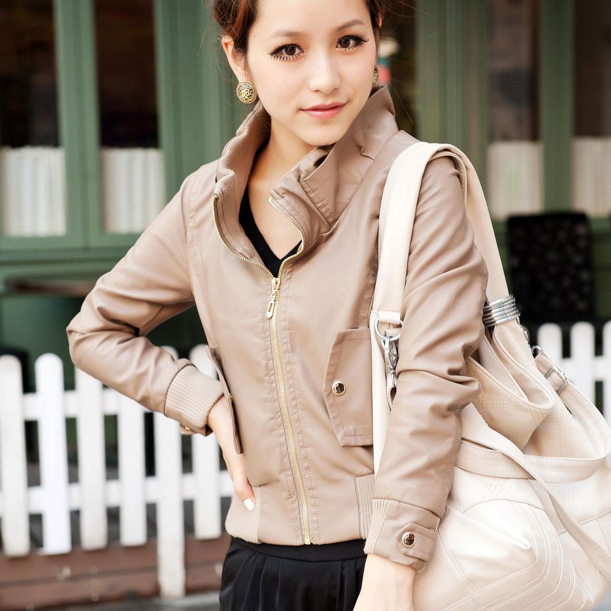 2012 spring women's all-match large stand collar khaki short design slim small leather clothing 0706