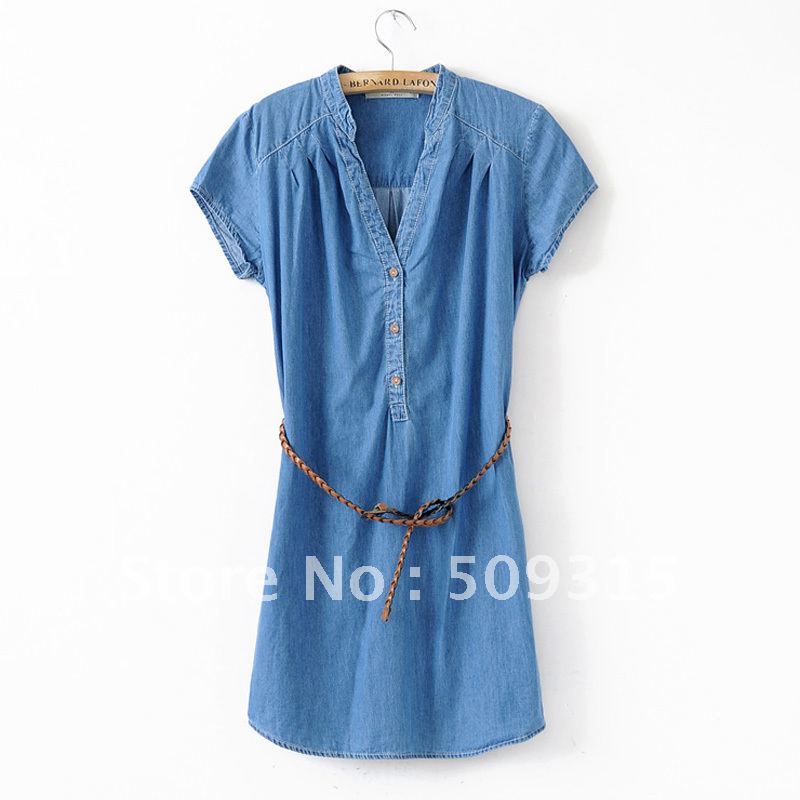 2012 spring women's denim one-piece dress denim short-sleeve shirt denim skirt with belt,free shipping