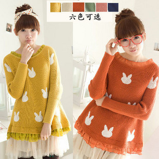 2012 spring women's flock printing rabbit neckline sweep lace plus size sweater one-piece dress female