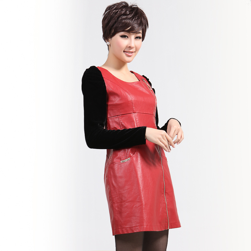 2012 spring women's o-neck elegant noble patchwork leather one-piece dress