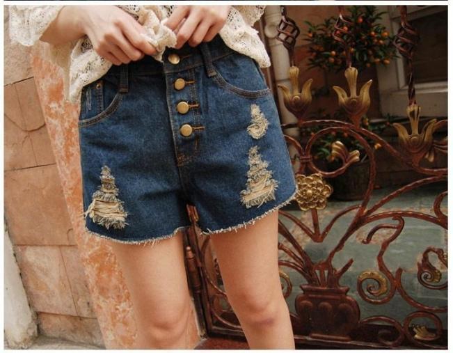 2012 spring women's water wash buttons all-match loose hole finishing retro high waist denim shorts