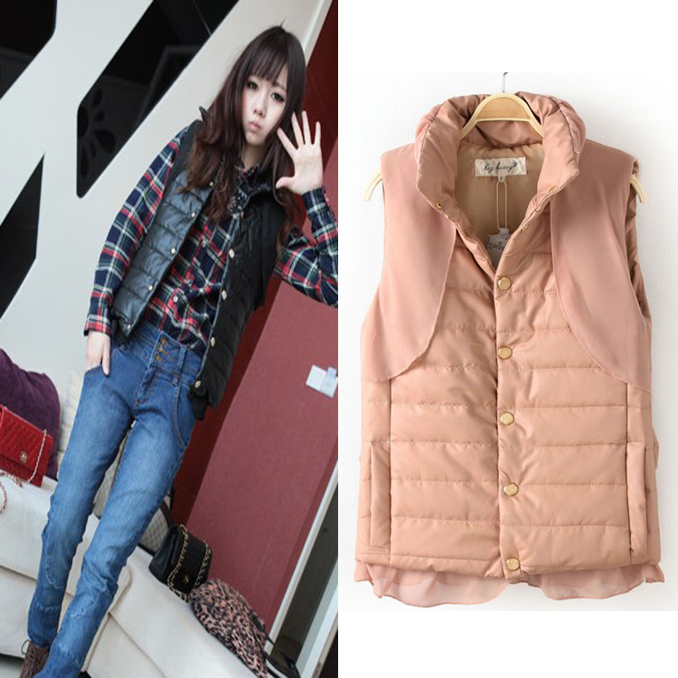 2012 stand collar chiffon sweep pleated patchwork slim cotton leather vest mj-008