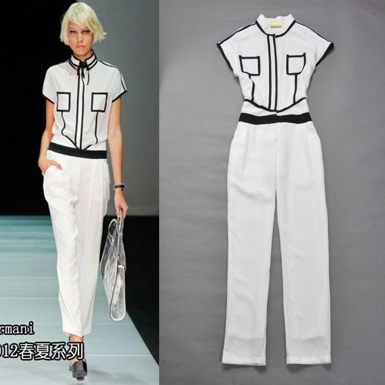 2012 star style black and white color block jumpsuit casual set clothing trousers