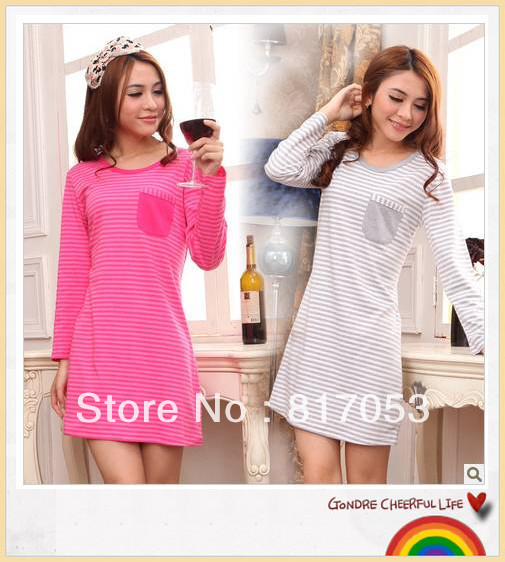 2012 stripe nightgown female 100% cotton lounge long-sleeve autumn and winter knitted cotton sleepwear