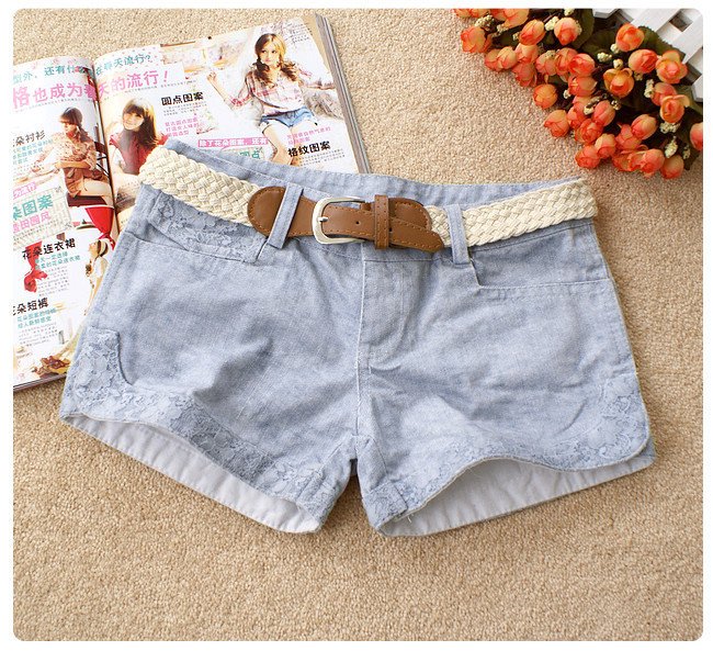 2012 summer all-match light color wearing white lace decoration denim shorts belt